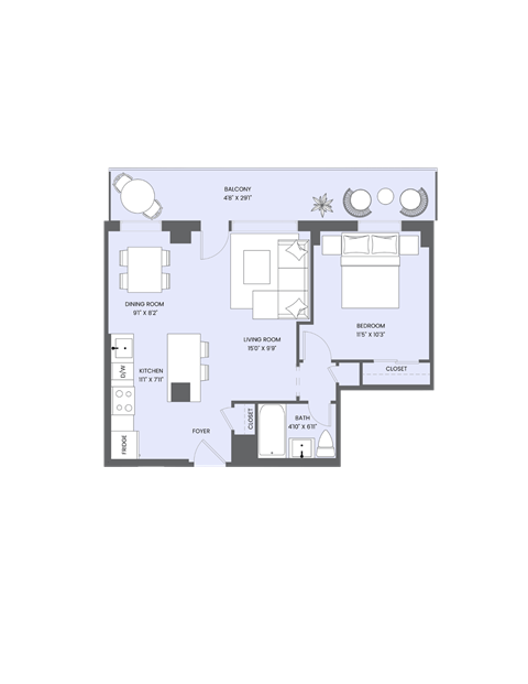 A floor plan of a house with a balcony, living room, dining room, kitchen, and bathroom.
